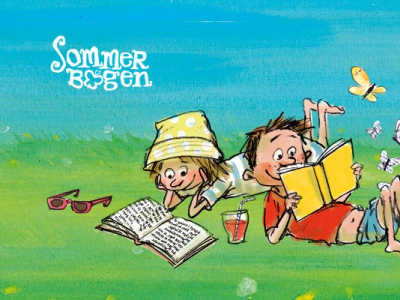 Sommerbogen. 2 børn ligger på græsset og læser.